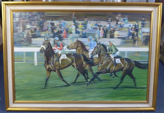 § Sarah Ponsonby (1943-) Going down to the start at Newmarket, 28 x 42in.